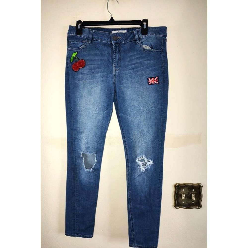 Nice Refuge Women's Embroidered Cherries and United Kingdom Flag Jeans Size 12